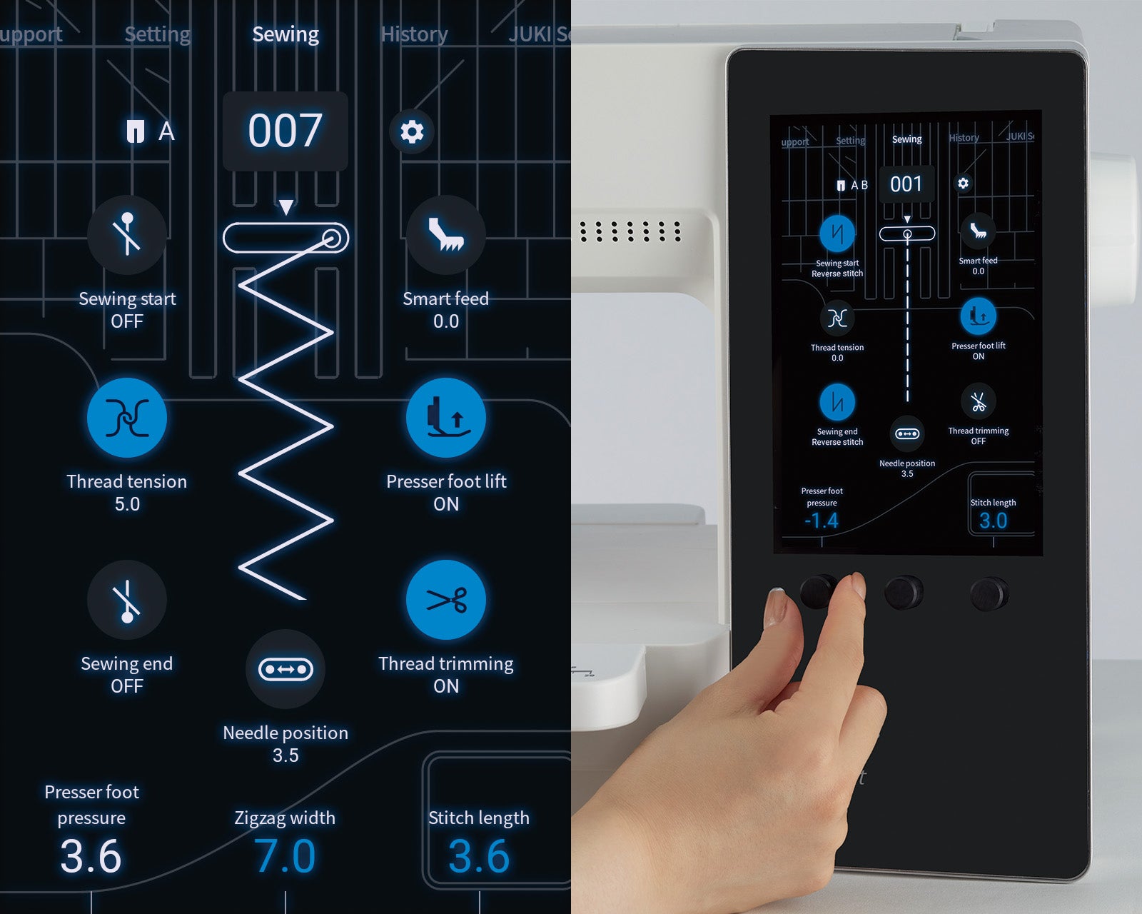 The sewing adjustment screen on the JUKI Hayate DX-4500QVP touchscreen, showing thread tension, presser foot pressure, stitch width and stitch length as adjustable values.