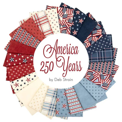 A circular arrangement of red, white, and blue fabric swatches from the America 250 Years Fat Quarter Bundle by United Notions surrounds text. The fabrics feature stars, stripes, and flag patterns for a patriotic touch.