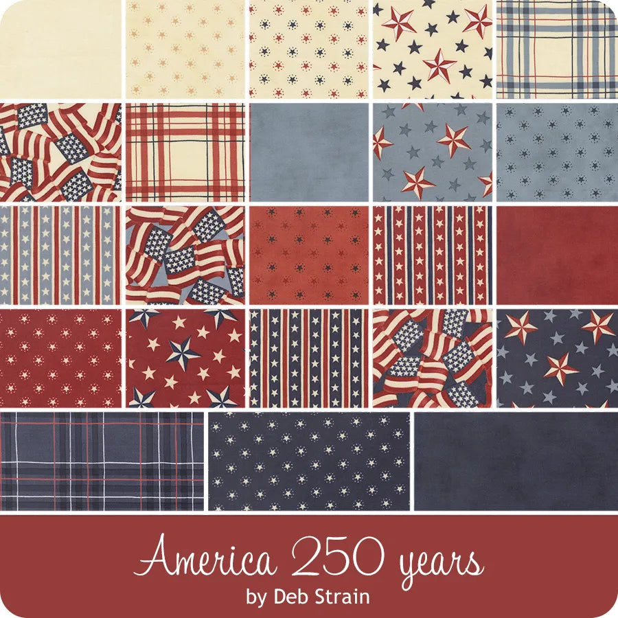A collage of red, white, and blue fabrics—stars, stripes, plaids, and flags from the America 250 Years Mini Charm Pack by United Notions. Text below reads: America 250 Years by United Notions.