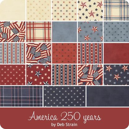 A collage of red, white, and blue fabrics—stars, stripes, plaids, and flags from the America 250 Years Mini Charm Pack by United Notions. Text below reads: America 250 Years by United Notions.