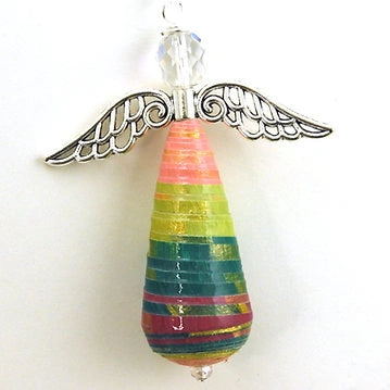 The Angel Ornament Hand Painted by Allison Lake features silver metal wings and a teardrop body of colorful layered paper beads—a unique holiday ornament or vibrant Christmas decoration from the Allison Lake brand.