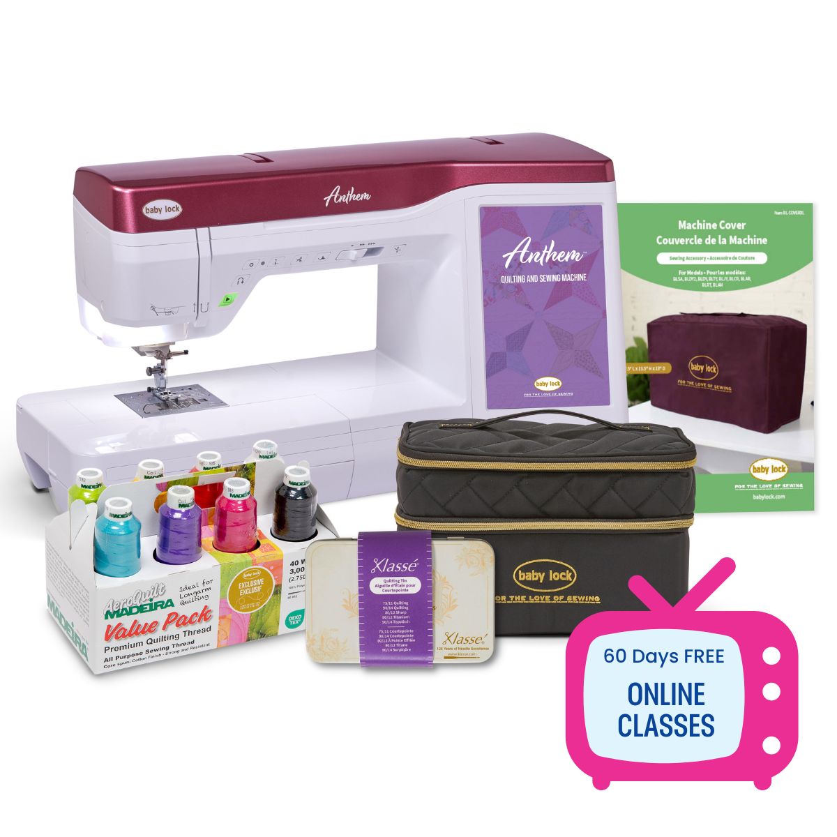 The Baby Lock Anthem Sewing & Quilting Machine bundle includes colorful threads, needles, a carrying case, a manual, and 60 days of free online classes from Baby Lock—everything you need to start quilting!.