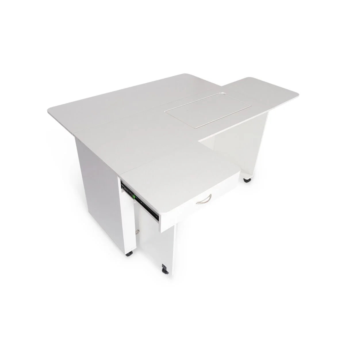 The Arrow Christa Sewing and Quilting Machine Cabinet by Arrow Companies, LLC is a white L-shaped cabinet with an adjustable lift, pull-out drawer, wheels, extended work surface, and recessed sewing machine area. Shown on a plain white background.