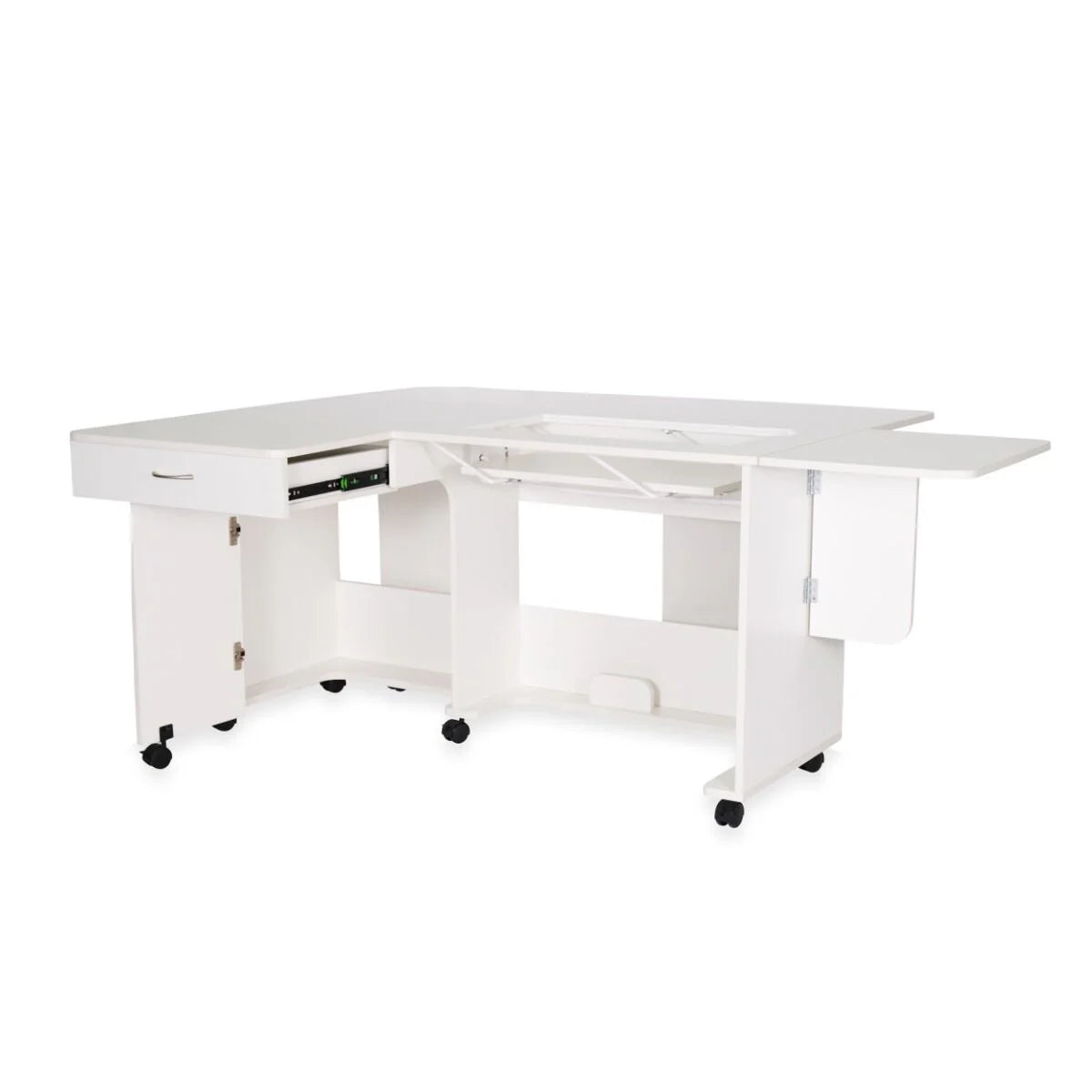 The Arrow Christa Sewing and Quilting Machine Cabinet by Arrow Companies, LLC is a white L-shaped cabinet with a fold-out side, adjustable center lift, storage drawer, cabinet and open shelves, plus wheels for easy mobility during crafting or sewing projects.