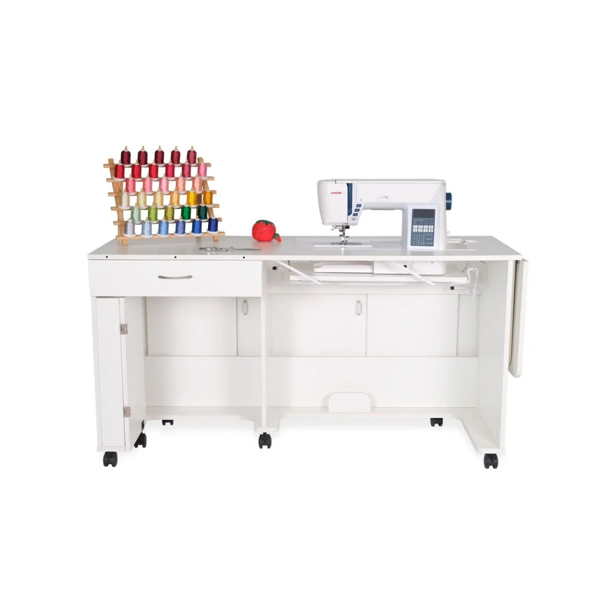 The Arrow Christa Sewing and Quilting Machine Cabinet by Arrow Companies, LLC features an adjustable lift, wheels, organized storage below, and a spacious top for your sewing machine, thread rack, and pincushion.