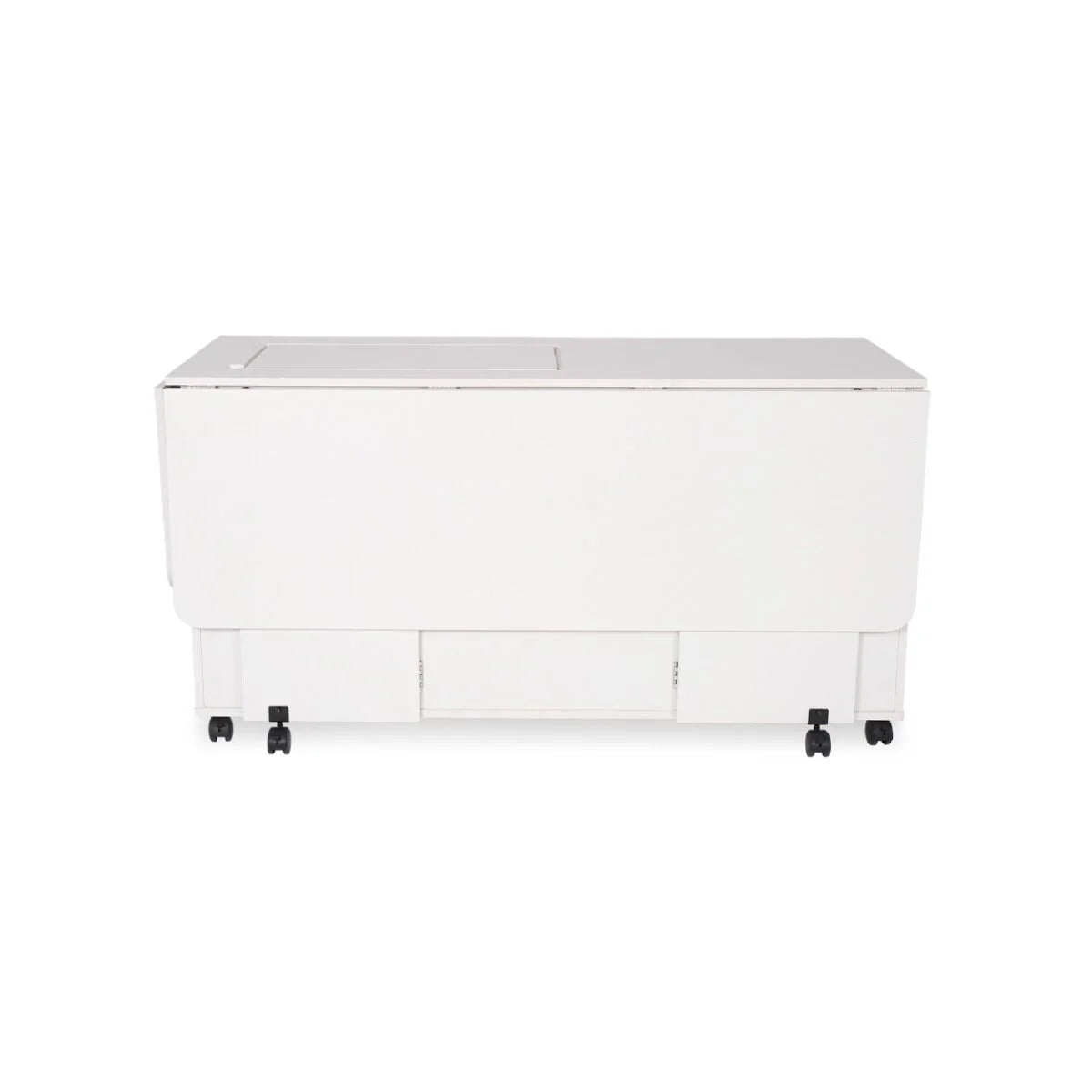 The Arrow Christa Sewing and Quilting Machine Cabinet by Arrow Companies, LLC is a white, rectangular cabinet on six black caster wheels, shown closed against a white background, with organized storage for a tidy workspace.