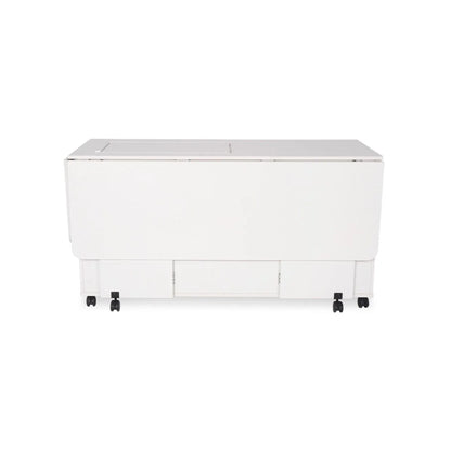 The Arrow Christa Sewing and Quilting Machine Cabinet by Arrow Companies, LLC is a white, rectangular cabinet on six black caster wheels, shown closed against a white background, with organized storage for a tidy workspace.