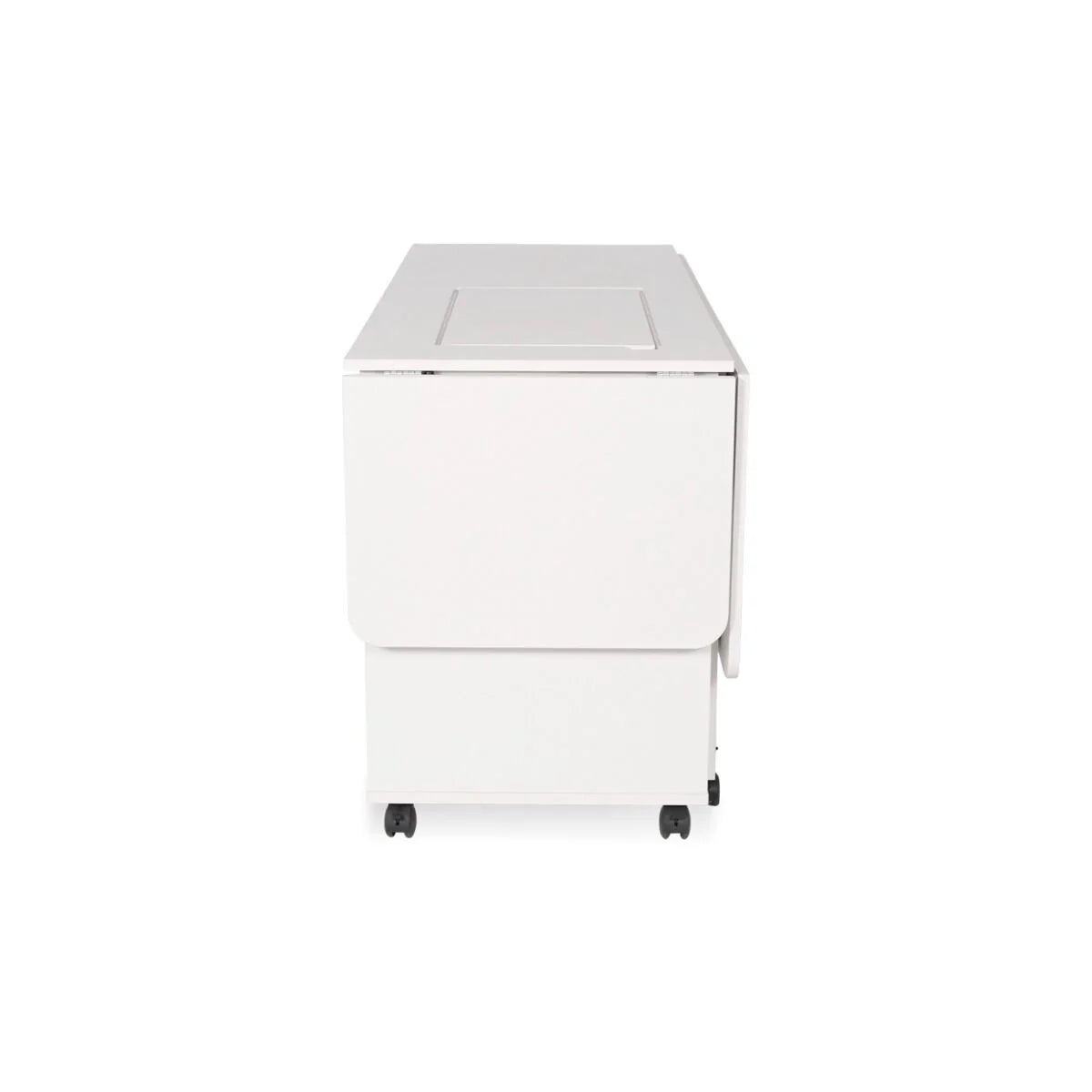 The Arrow Christa Sewing and Quilting Machine Cabinet by Arrow Companies, LLC is a white, foldable table with drop-leaf design, wheels for easy movement, and storage—ideal as a sewing cabinet or flexible workspace.