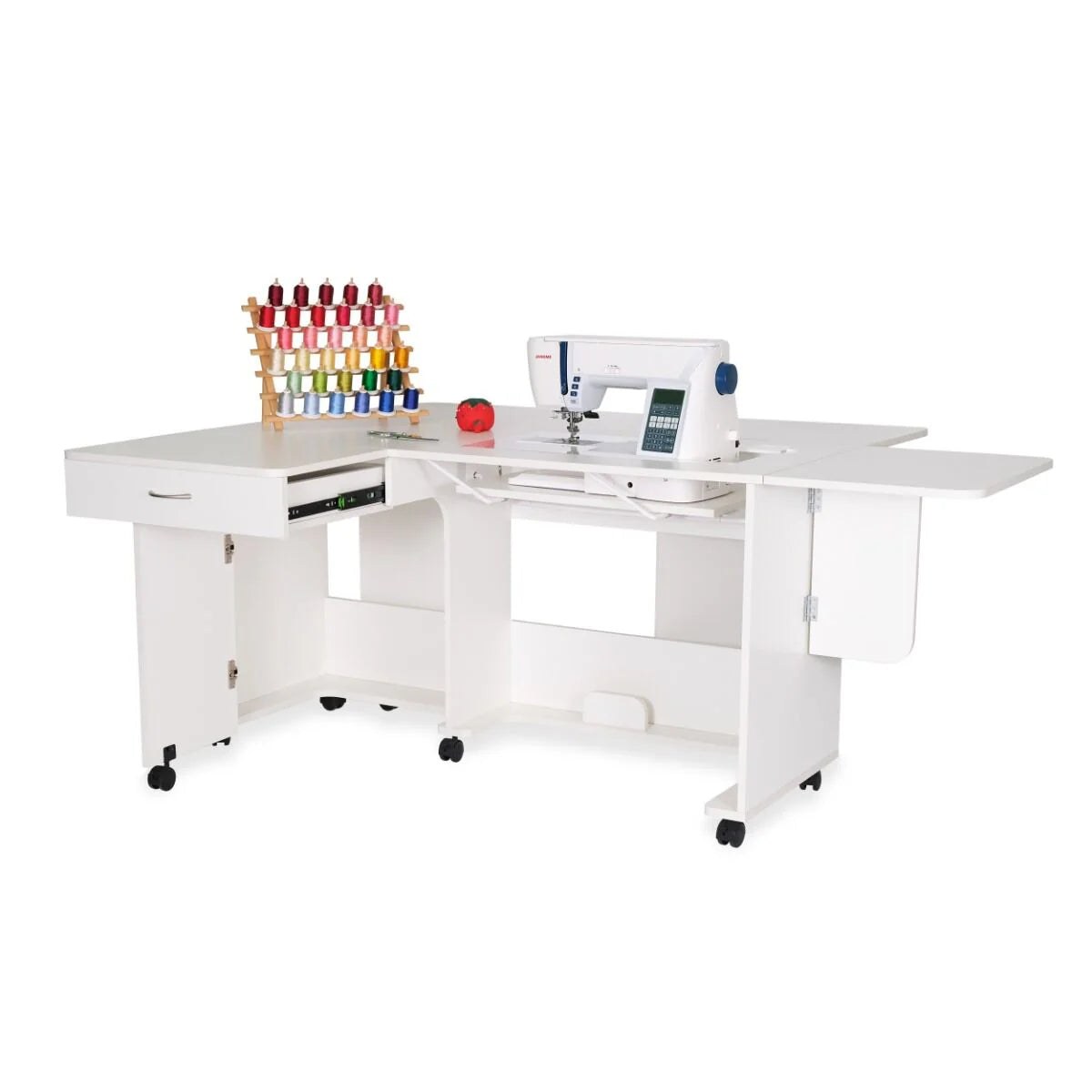 The Arrow Christa Sewing and Quilting Machine Cabinet by Arrow Companies, LLC features an adjustable lift for your sewing machine, an open drawer, organized storage compartments, a thread spool rack, a red pin cushion, and wheels for easy movement.