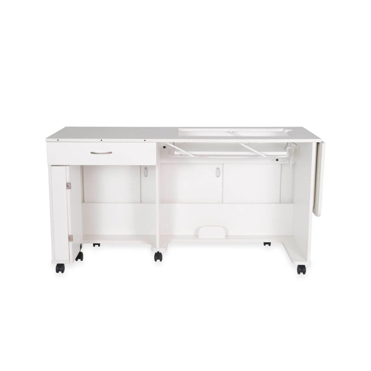 The Arrow Christa Sewing and Quilting Machine Cabinet by Arrow Companies, LLC is a white, modern cabinet with a drawer, organized storage, fold-out panel, caster wheels, and an adjustable lift cut-out table for your sewing machine.