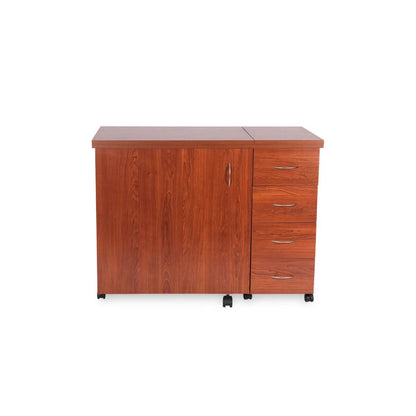 The Arrow Harriet Sewing and Quilting Machine Cabinet by Arrow Companies, LLC features a left-side door, three right-side drawers with metal handles, and small wheels—perfect for organized sewing machine storage.