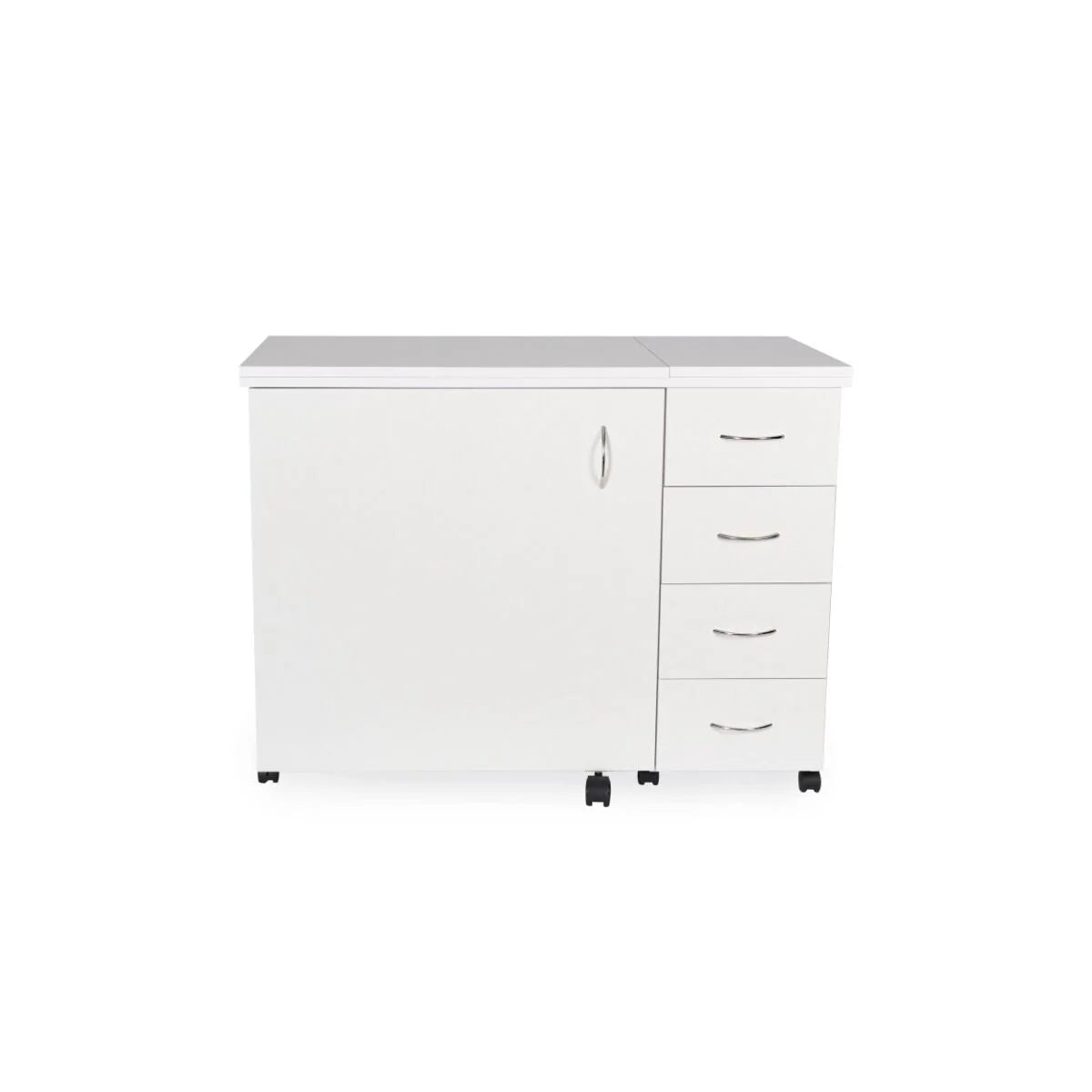 The Arrow Harriet Sewing and Quilting Machine Cabinet by Arrow Companies, LLC is a white cabinet on wheels with a large left door and three right drawers with curved silver handles, ideal for sewing machine storage, shown on a plain white background.