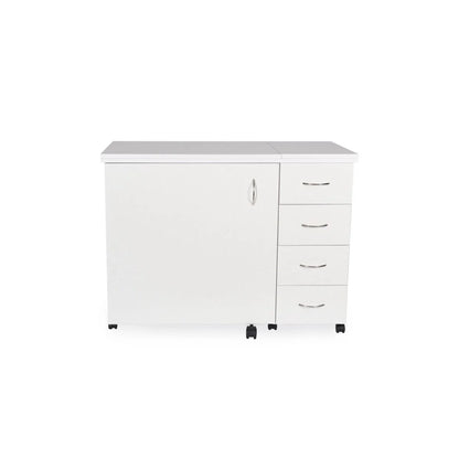 The Arrow Harriet Sewing and Quilting Machine Cabinet by Arrow Companies, LLC is a white cabinet on wheels with a large left door and three right drawers with curved silver handles, ideal for sewing machine storage, shown on a plain white background.