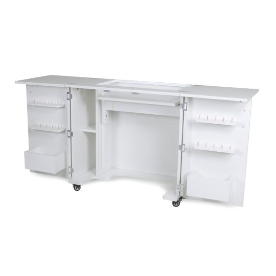 The Arrow Companies, LLC Kangaroo Bandicoot II Sewing Cabinet features open doors, multiple shelves and racks, and a central open section with a flat work surface—ideal as compact sewing furniture for organized crafting.