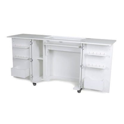 The Arrow Companies, LLC Kangaroo Bandicoot II Sewing Cabinet features open doors, multiple shelves and racks, and a central open section with a flat work surface—ideal as compact sewing furniture for organized crafting.