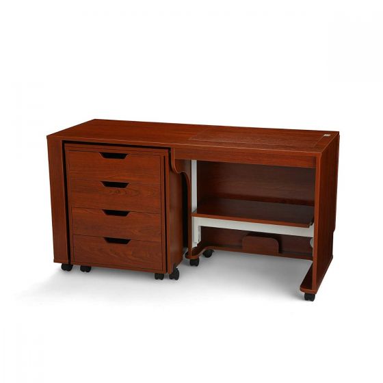 The Arrow Laverne and Shirley Sewing and Quilting Machine Cabinet by Arrow Companies, LLC features three left drawers, right open shelving, and black caster wheels—its modern design is perfect for organizing your sewing supplies.