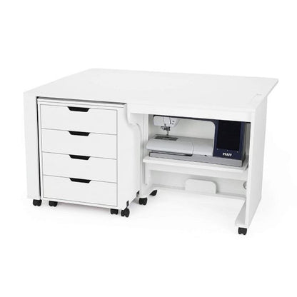 The Arrow Laverne and Shirley Sewing and Quilting Machine Cabinet by Arrow Companies, LLC features four left drawers, a pull-out section, an open compartment for your sewing machine on the right, and wheels for easy mobility.