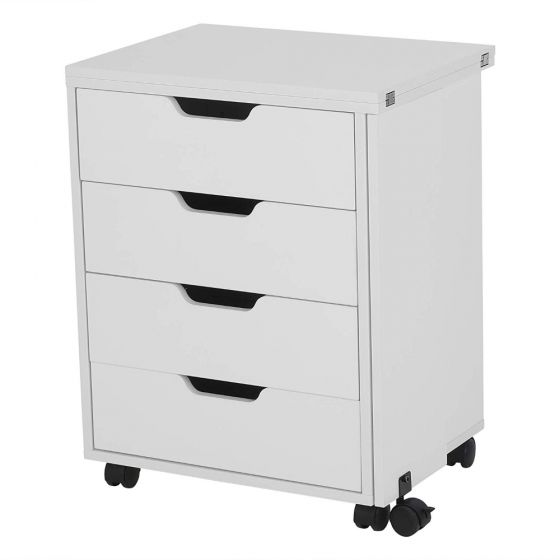 The Arrow Laverne and Shirley Sewing and Quilting Machine Cabinet by Arrow Companies, LLC is a white cabinet with four drawers, black cutout handles, and black caster wheels for simple mobility and organized storage of fabrics or sewing tools.