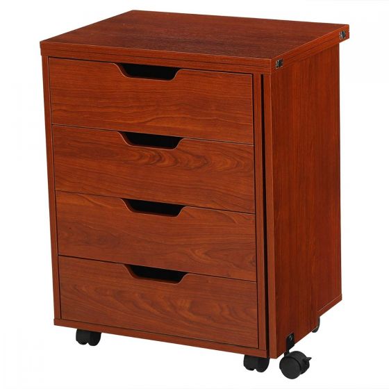 The Arrow Laverne and Shirley Sewing and Quilting Machine Cabinet by Arrow Companies, LLC is a wooden four-drawer cabinet with a reddish-brown finish, black handles, wheels for mobility, and a modern design ideal for organizing sewing or craft supplies.