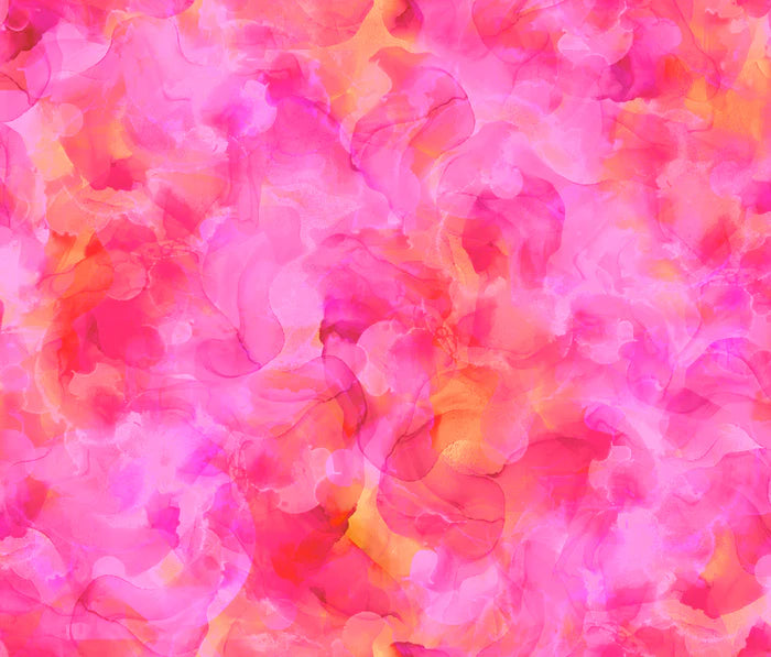 Aura Fuchsia 108" Wide Quilt Fabric Back Pack features swirling, semi-transparent pink, orange, and yellow layers that blend seamlessly for a soft watercolor texture—ideal for wide quilt backing or 108 inch quilt fabric projects.