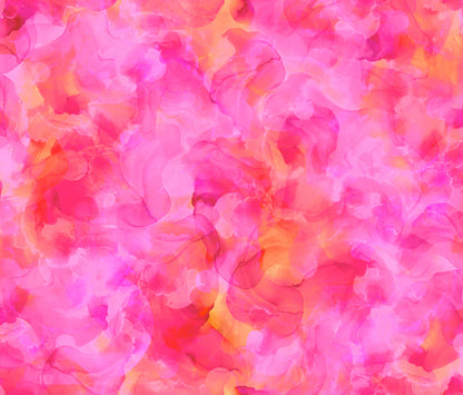 Aura Fuchsia 108" Wide Quilt Fabric Back Pack features swirling, semi-transparent pink, orange, and yellow layers that blend seamlessly for a soft watercolor texture—ideal for wide quilt backing or 108 inch quilt fabric projects.