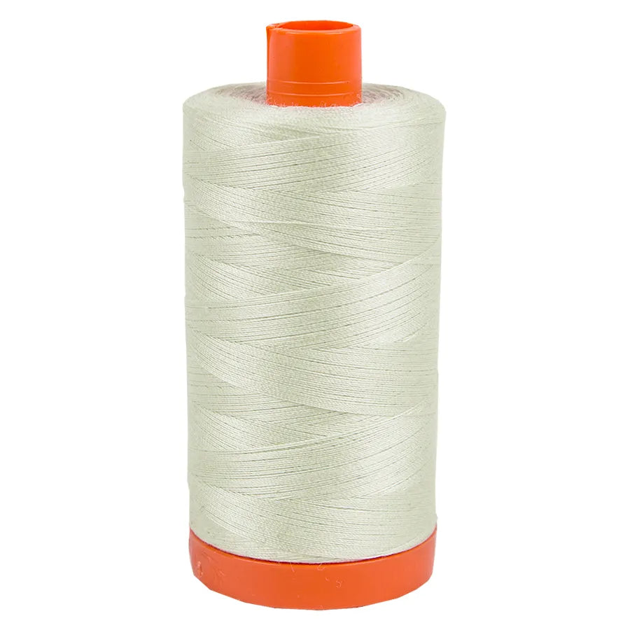 A large spool of Aurifil Thread 50wt Cotton in 2800 Mint Ice stands upright against a white background, featuring an orange plastic top and base.