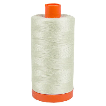 A large spool of Aurifil Thread 50wt Cotton in 2800 Mint Ice stands upright against a white background, featuring an orange plastic top and base.