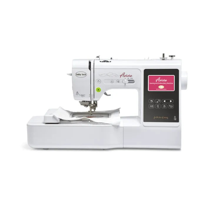 The Baby Lock Aurora Sewing & Embroidery Machine by Baby Lock features a digital display, embroidery hoop attachment, and a compact, travel-friendly design—perfect for creative projects on the go.