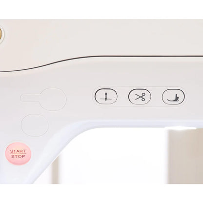Close-up of the Baby Lock Flare Dedicated Embroidery Machine with FREE Online Classes shows its control panel featuring three black icons and a pink START STOP button—ideal for customizing projects with embroidery fonts.