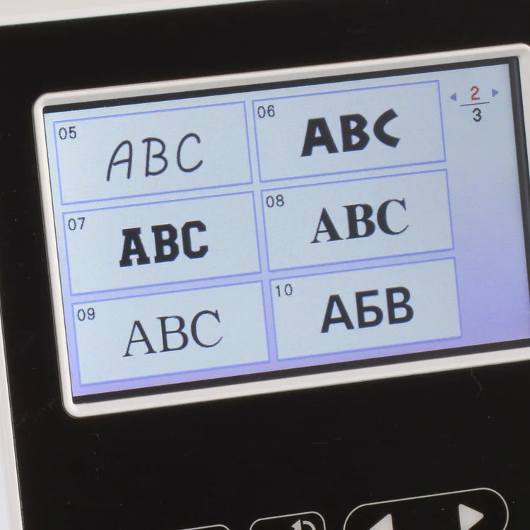 The Baby Lock Flare Dedicated Embroidery Machine with FREE Online Classes features a digital screen displaying six distinct embroidery fonts for ABC or АББ, each in labeled boxes, with page numbers in the top right corner.