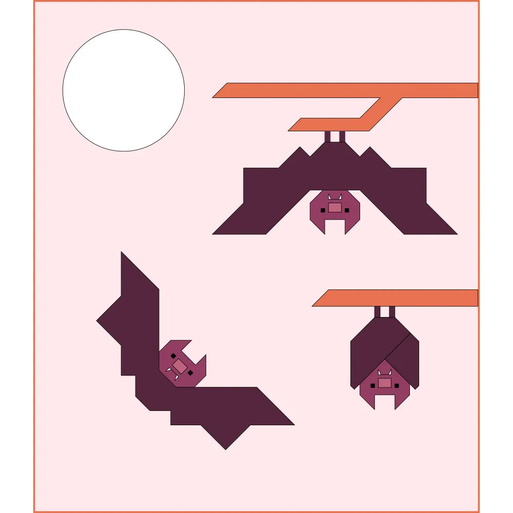 Two geometric origami-style bats hang from orange branches with a full moon on this light pink Bat Buddies Quilt Pattern by Apples & Beavers—perfect for modern Halloween quilts or spooky décor.