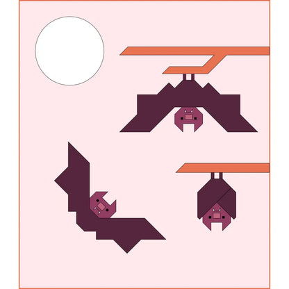 Two geometric origami-style bats hang from orange branches with a full moon on this light pink Bat Buddies Quilt Pattern by Apples & Beavers—perfect for modern Halloween quilts or spooky décor.