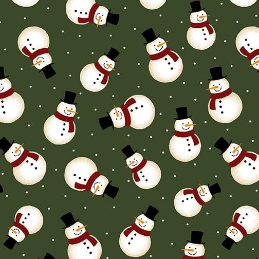 Cheerful snowmen in red scarves and top hats with white snowflake dots on a dark green flannel—Crossroads Snowman Flanel Green Fabric Yardage is perfect for cozy winter projects.