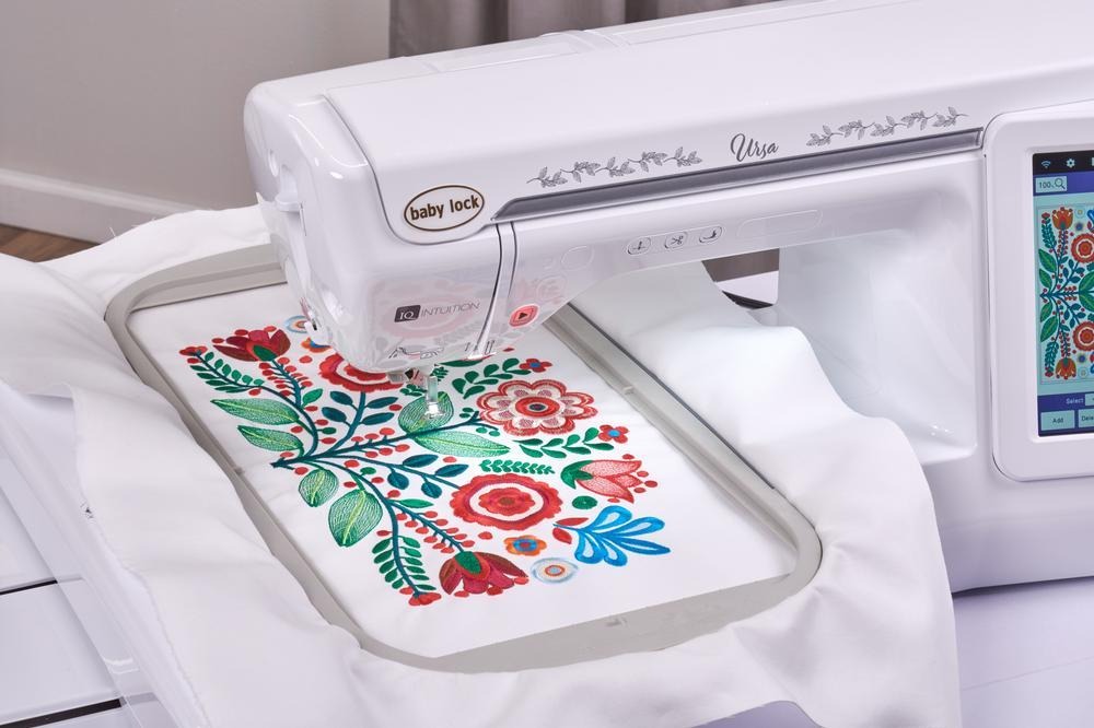 Baby Lock Ursa embroidery hooping and stitching area