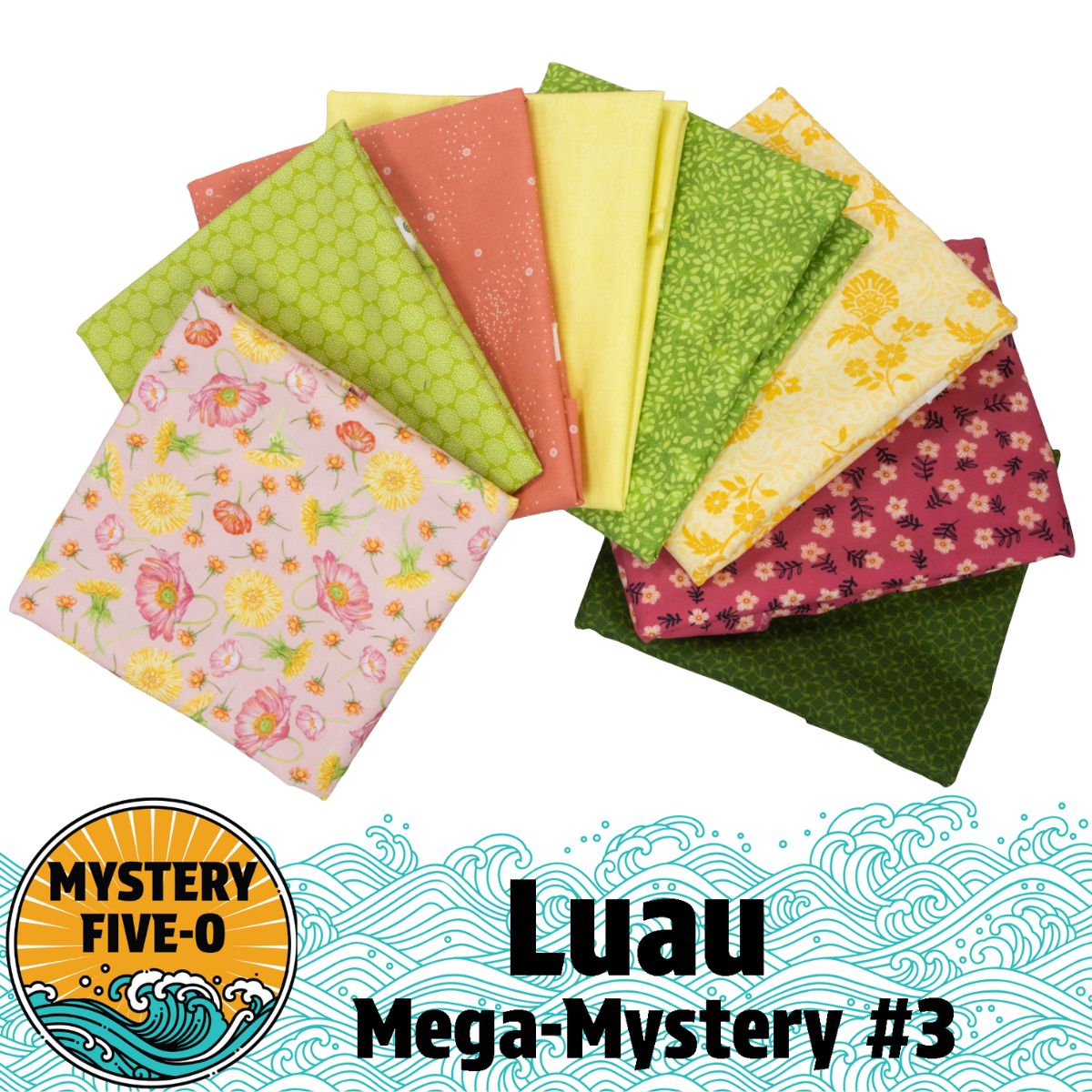 Nine vibrant fabric squares in green, yellow, pink, and floral patterns fan out beneath the “Mystery Five-0 Mega Mystery Luau Wildflower Waltz” label from Quilted Joy, featuring a fun wave-themed logo for this lively mystery quilt kit.
