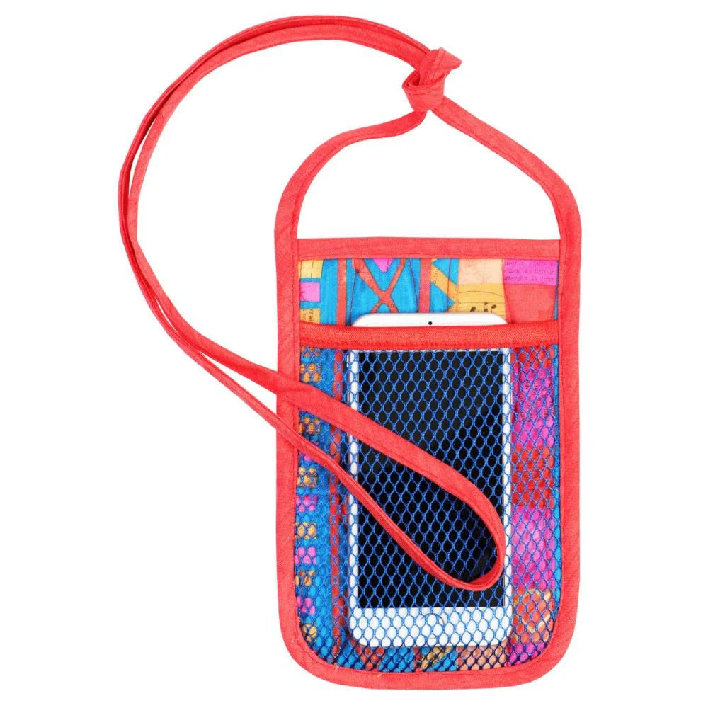 The By Annie Basics - Call Me Bag Class by Quilted Joy is a small, vibrant fabric pouch with a red strap, front mesh phone pocket, and expert design—ideal for organizing bags and hanging from the neck. Perfect for fans of By Annie bags.