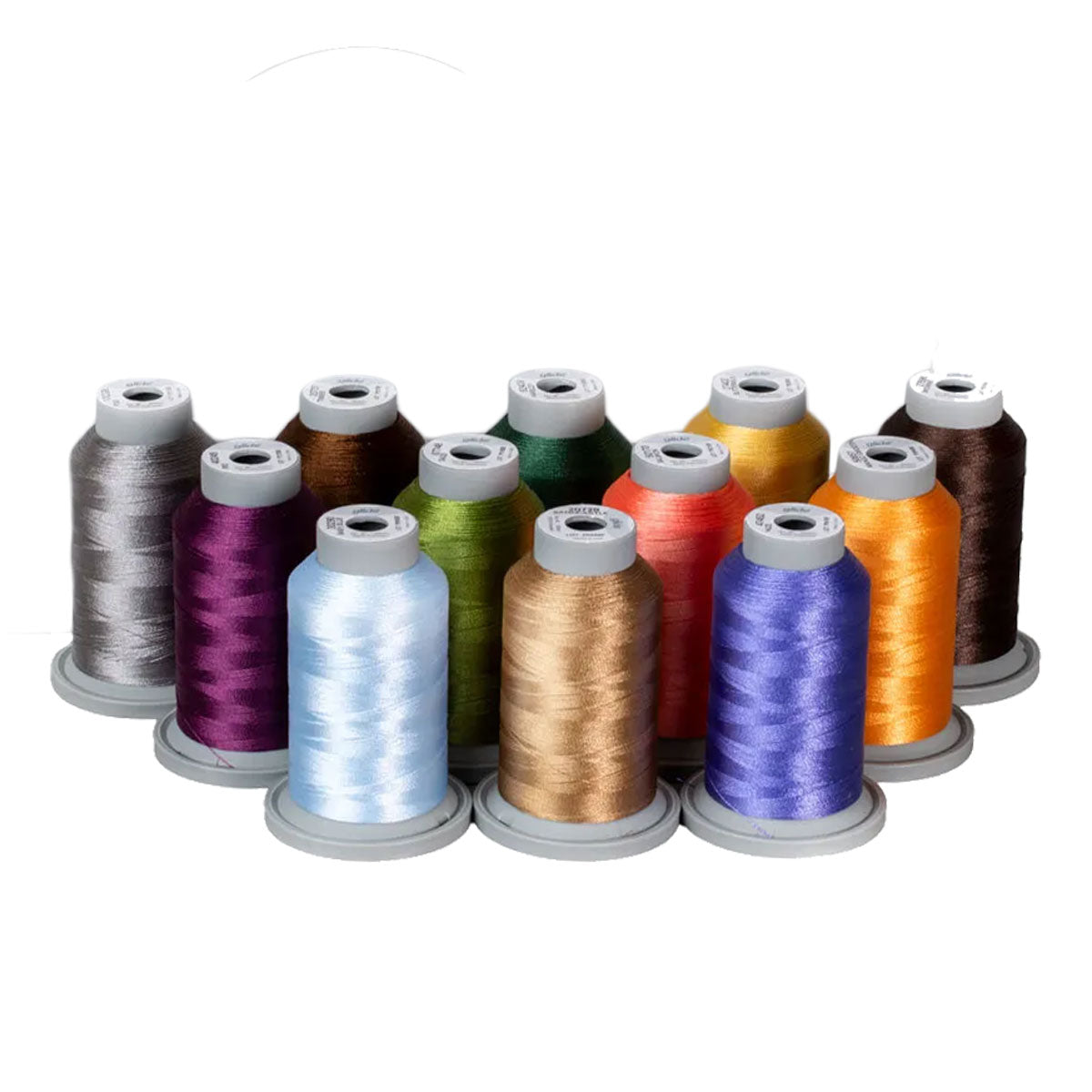 The Kimberbell Camp Kimberbell Glide Thread Bundle by Hab+Dash features twelve spools of polyester thread in assorted colors, ideal for machine quilting, neatly arranged in two rows on a white background.