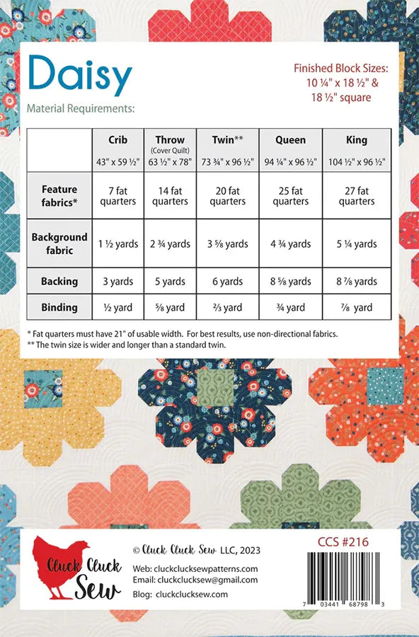 Daisy Quilt Pattern fabric requirements and yardage chart