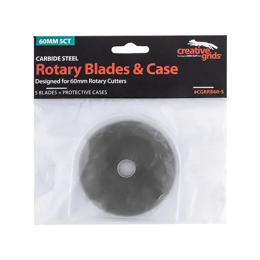 The Creative Grids Five Pack 60mm Rotary Blade by Checker Distributors (#CGRRB60-5) includes five circular carbide steel rotary blades with protective cases—ideal for keeping your cutters sharp and safe.