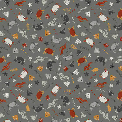 Water Babies Charcoal Crabs and Fish fabric yardage Available at Quilted Joy