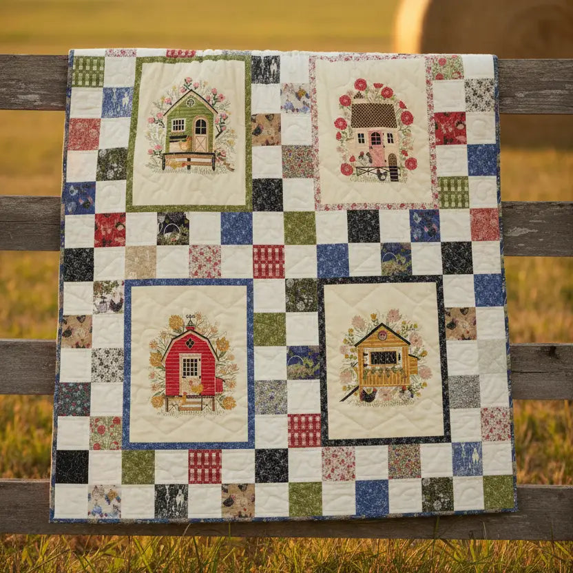 A vibrant Chunky Chicken Quilt Kit by Quilted Joy hangs on a wooden fence, displaying four embroidered house and floral squares like a farmhouse style, bordered by red, blue, green, and cream patterned blocks.