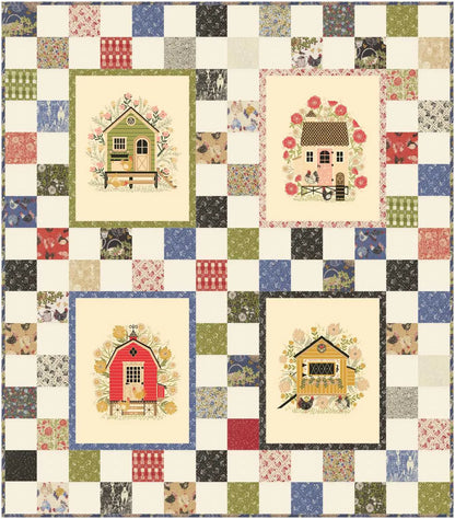 The Chunky Chicken Quilt Kit by Quilted Joy features a patchwork design with a checkered border and four panels, each displaying a unique illustrated chicken among floral and garden motifs, all framed in green, yellow, red, and blue borders.