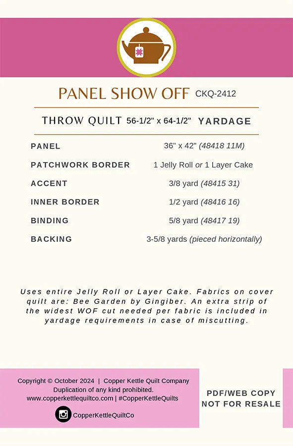 The United Notions Panel Show Off Quilt Pattern includes a yardage chart detailing fabric amounts for panel, patchwork border, accent, inner/outer borders & backing. Perfect for panels; features copyright and social media info.