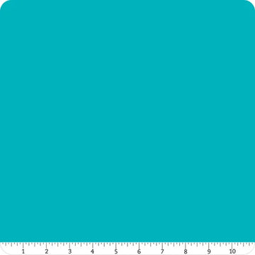 A square swatch of Riley Blake Confetti Cotton™ Turquoise Solid Fabric Yardage with rounded corners and a white ruler (1–10 inches) along the bottom—ideal quilting cotton for your next project.