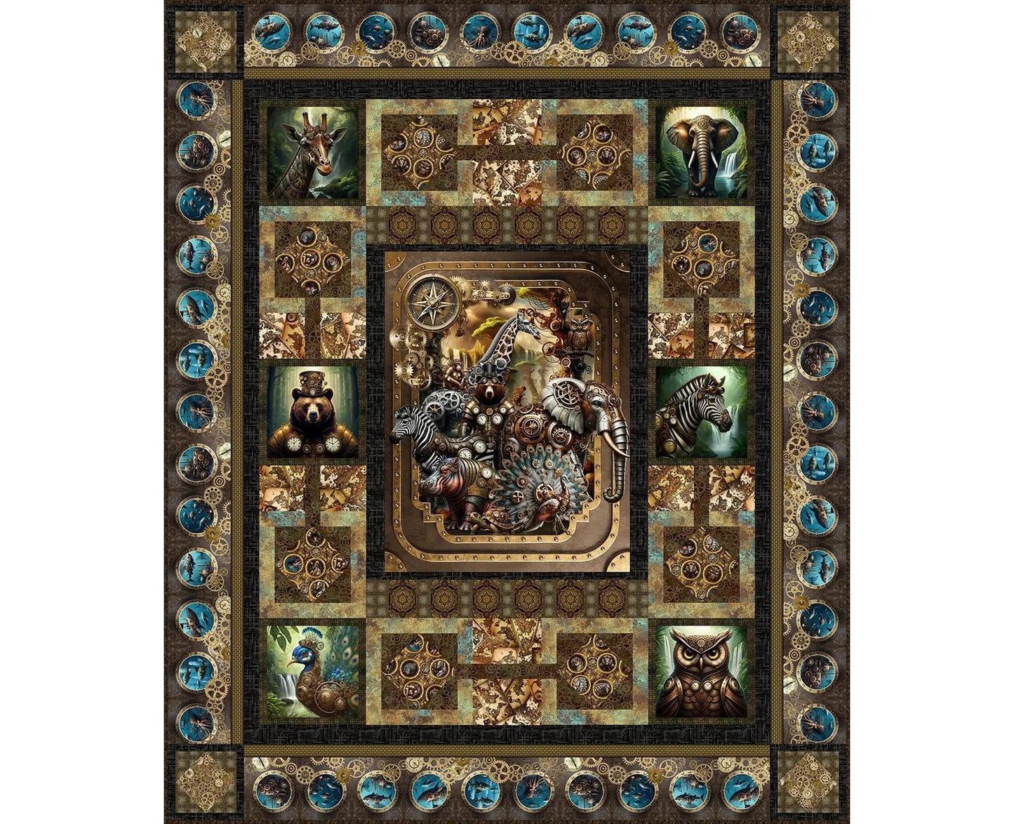 The Steampunk Menagerie Quilt Kit - PRESALE by Quilted Joy features giraffe, elephant, zebra, owl, peacock, and bear portraits with gears and patterns in brown, blue, and gold tones—ideal for your next Steampunk quilt project.
