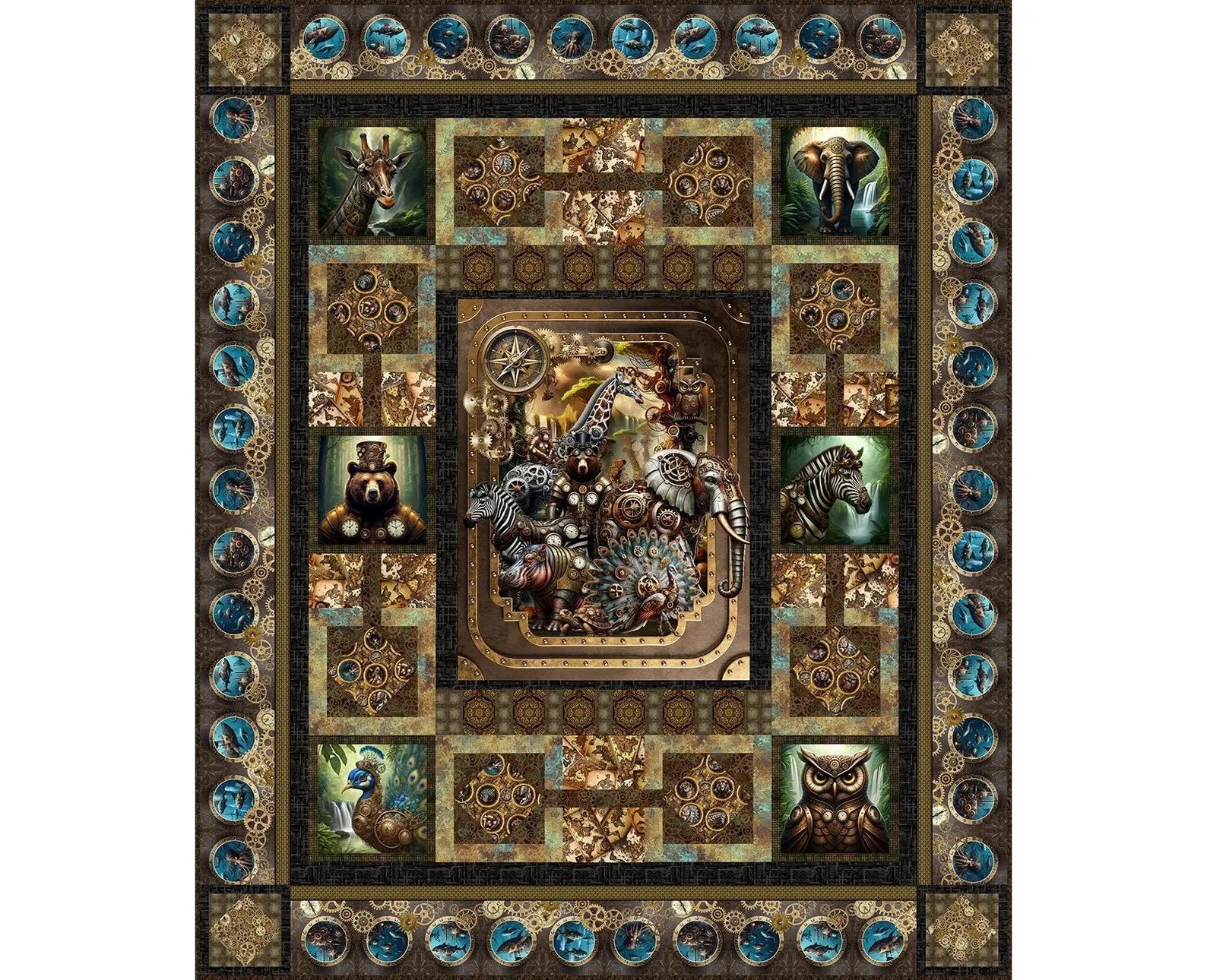 The Steampunk Menagerie Quilt Kit - PRESALE by Quilted Joy features giraffe, elephant, zebra, owl, peacock, and bear portraits with gears and patterns in brown, blue, and gold tones—ideal for your next Steampunk quilt project.