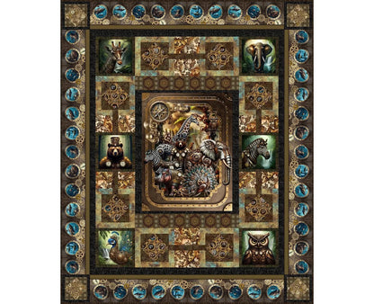 The Steampunk Menagerie Quilt Kit - PRESALE by Quilted Joy features giraffe, elephant, zebra, owl, peacock, and bear portraits with gears and patterns in brown, blue, and gold tones—ideal for your next Steampunk quilt project.