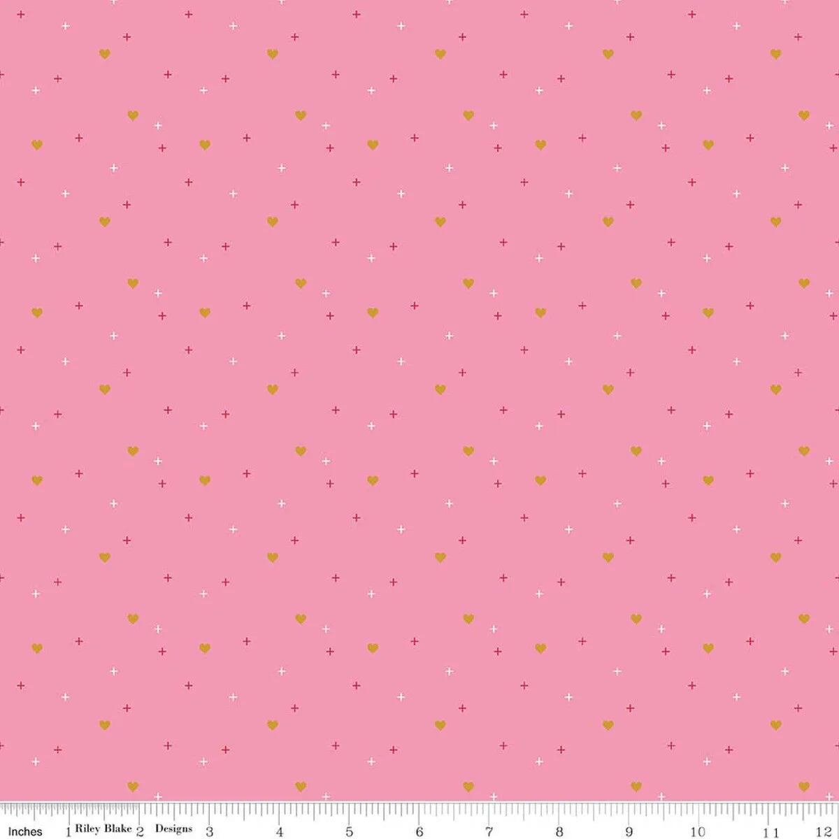 A pink background with small yellow hearts and white sparkles, evenly spaced. A ruler at the bottom shows inches. Ideal for Riley Blake Sparkler Rose Heart Fabric Yardage or other heart-themed sewing projects.
