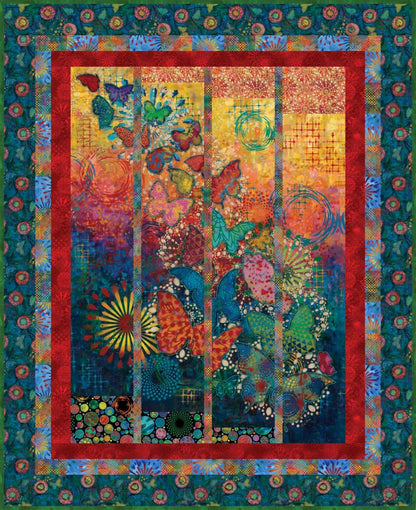 The Flights of Fancy Quilt Kit by Quilted Joy showcases vibrant, multicolored butterflies and abstract florals, framed with red and blue borders and divided into four vertical panels for a striking central butterfly display.