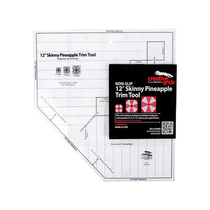 The Checker Distributor Creative Grids Quilt Ruler 12in Skinny Pineapple Trim Tool features black grid lines, is transparent, and comes with an instruction card showing red and white quilt blocks in the top right corner.